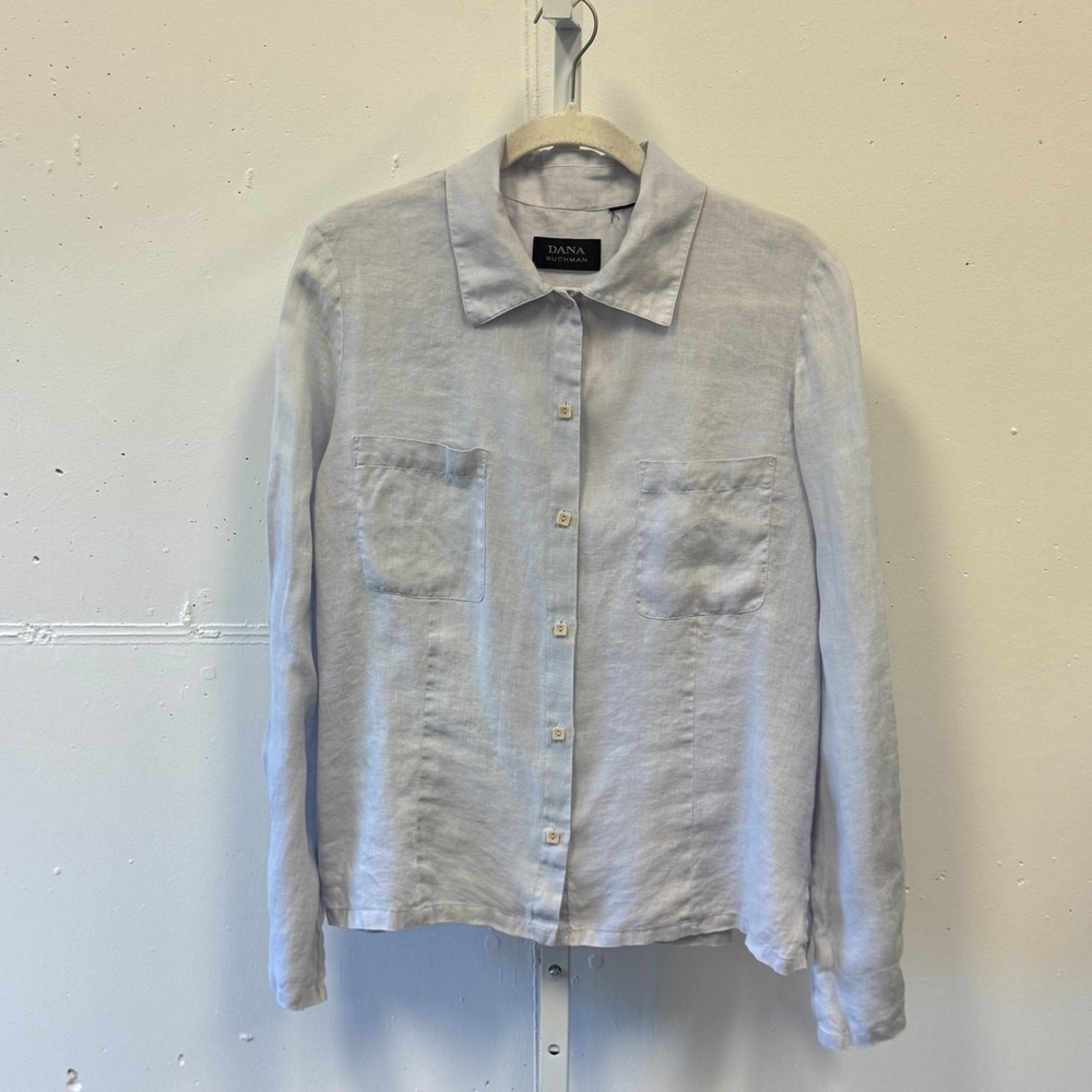 Dana Buchman Light Blue Linen Button Down Shirt Long‎ Sleeve Women's Relaxed Fit